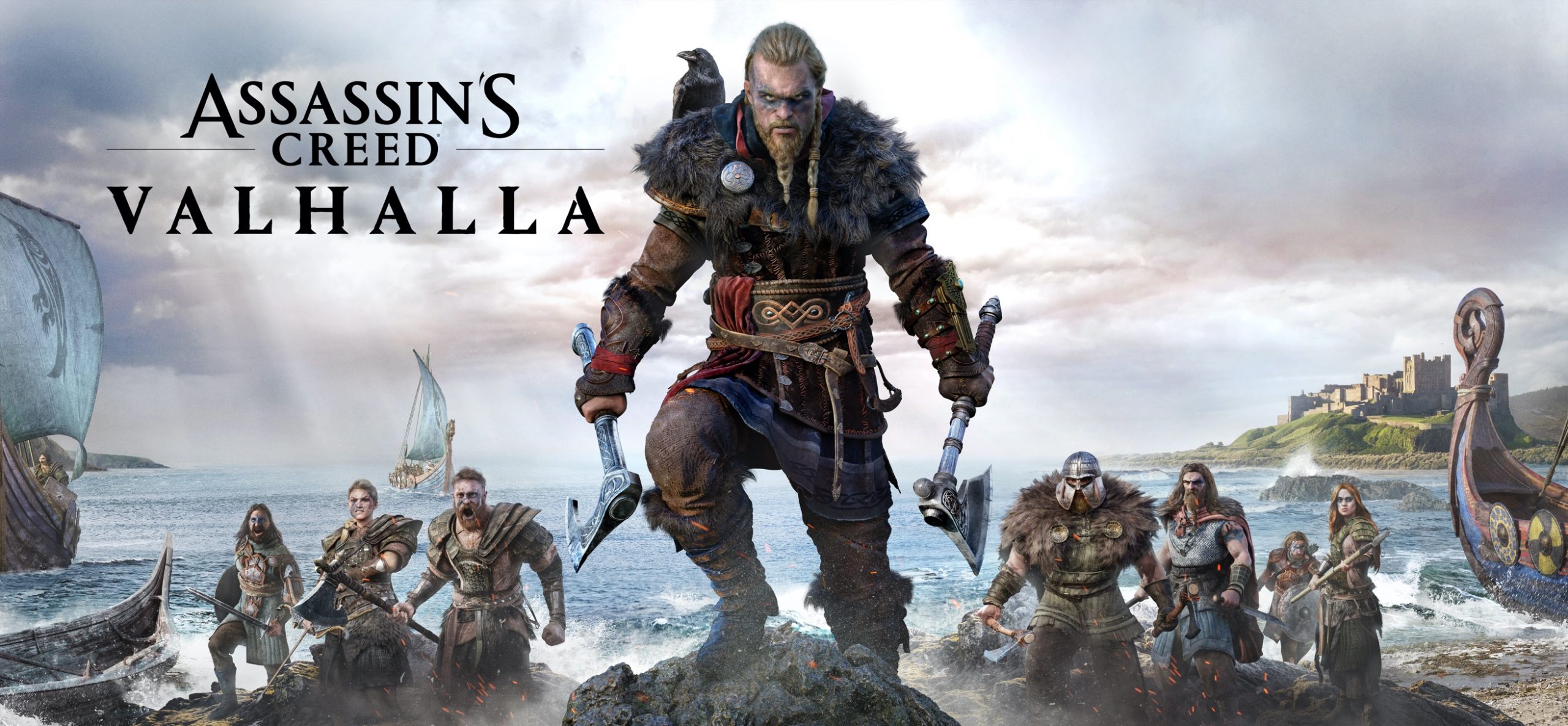 Promotion for Assassin's Creed Valhalla featuring Meivor climbing a rock with the beach, some men, and longboats behind him.