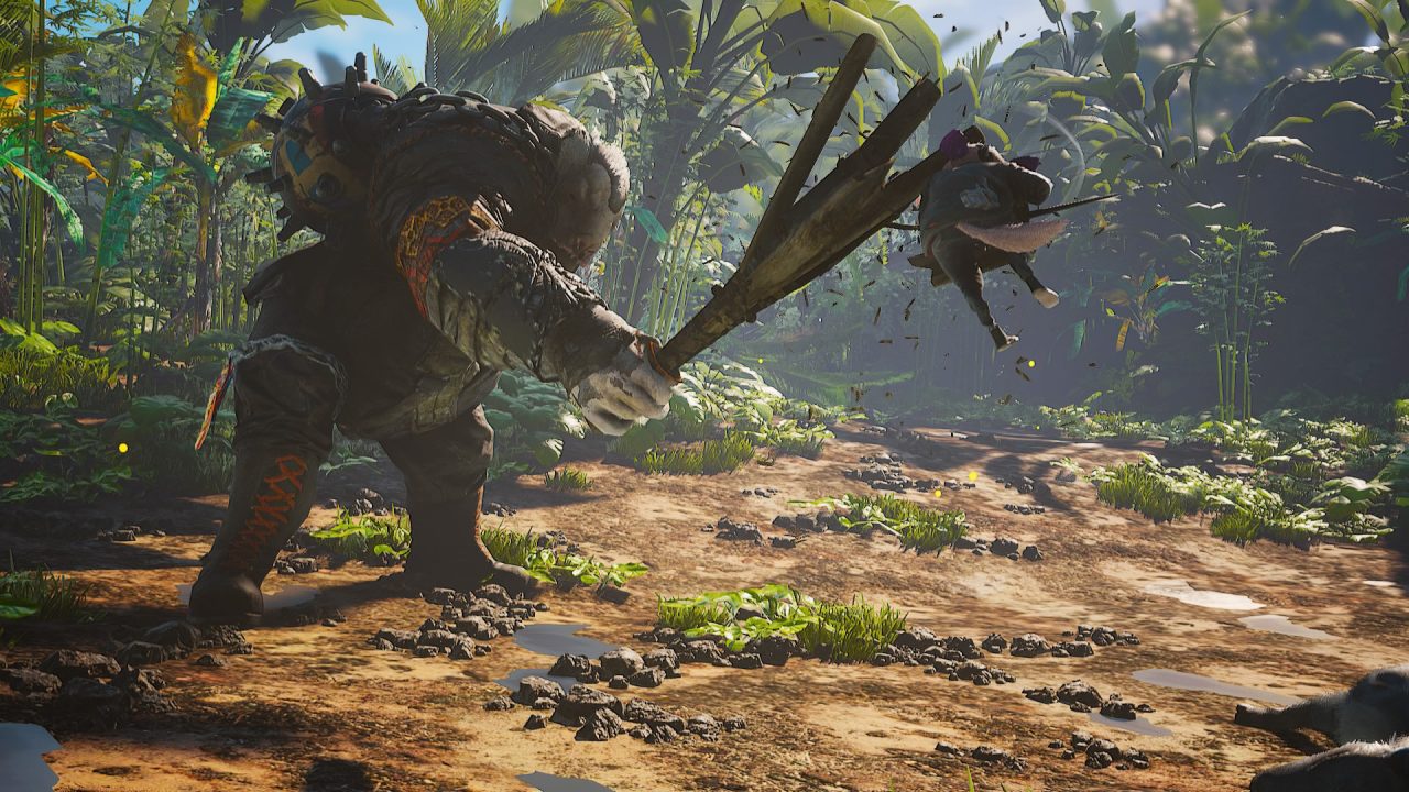 Biomutant screenshot of a small furry warrior leaping to battle a large, lumbering mutant wearing leather gear, swinging a three-pronged wooden club.