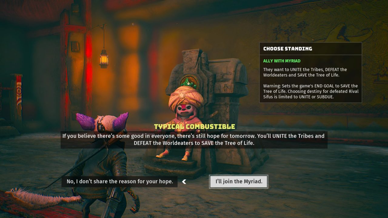 Biomutant screenshot showcasing a dialogue option with the Myriad tribe, as the player is choosing to join or leave the tribe to fend for themselves.