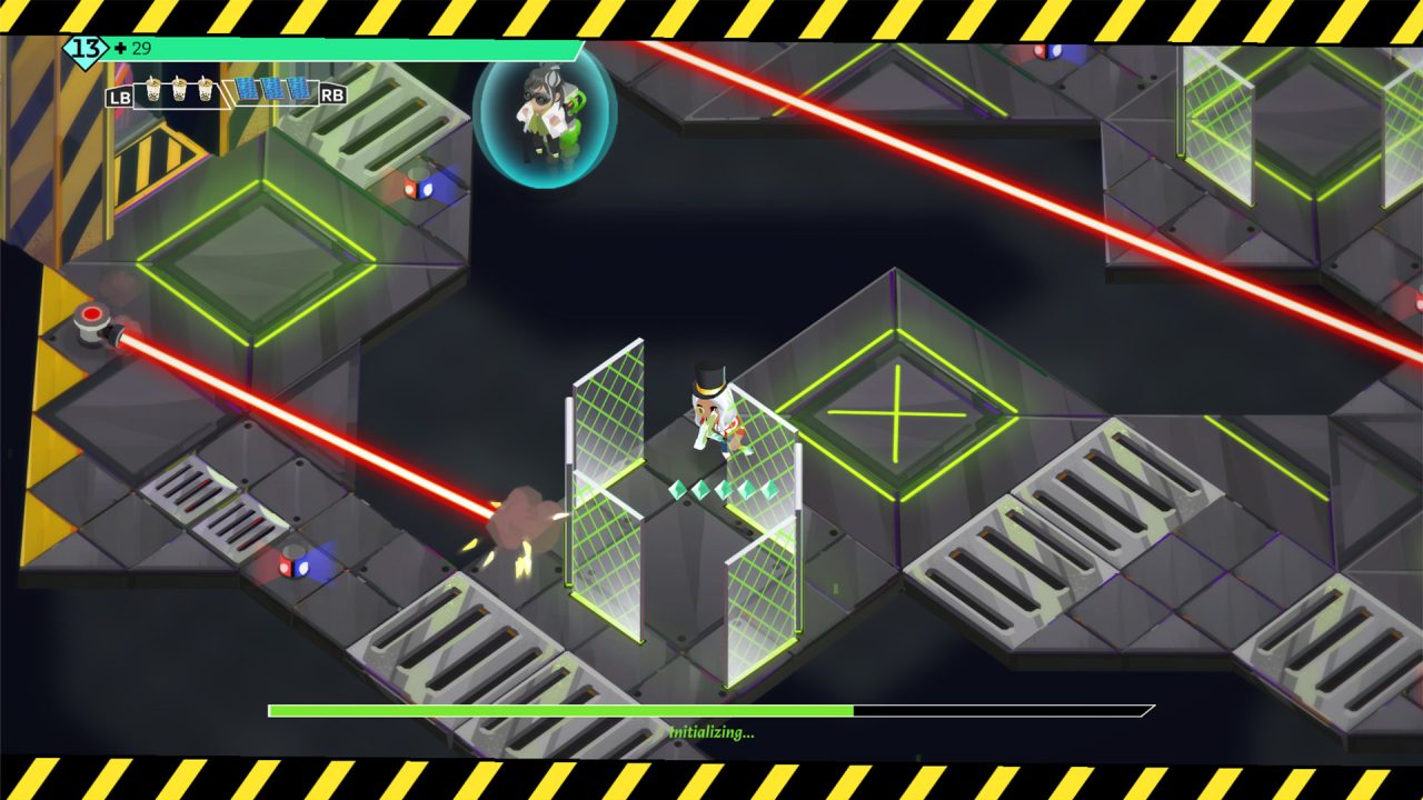 A player shielding themselves from some lasers in the Dunj in Boyfriend Dungeon: Secret Weapons.