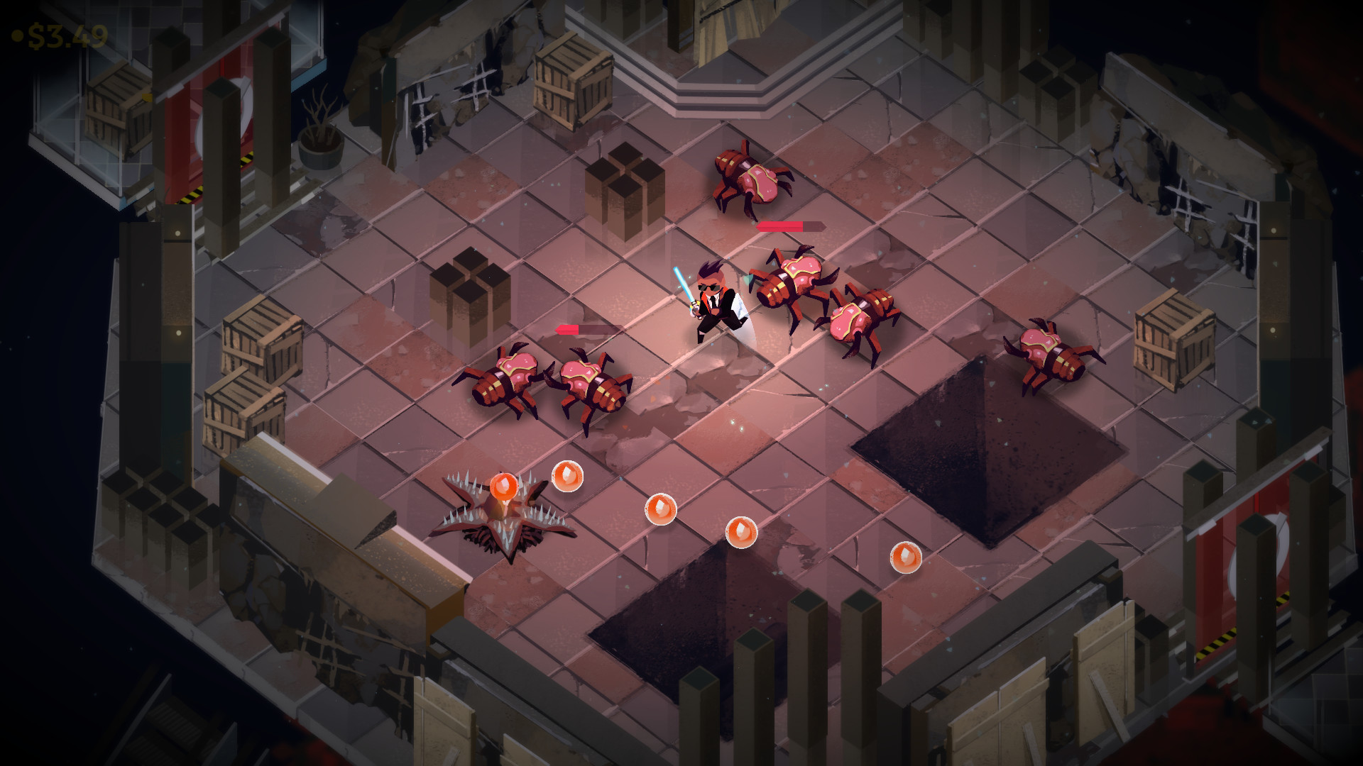 A Boyfriend Dungeon battle screenshot where the polayer character is surrounded by brab-like enemies in a dungeon area.