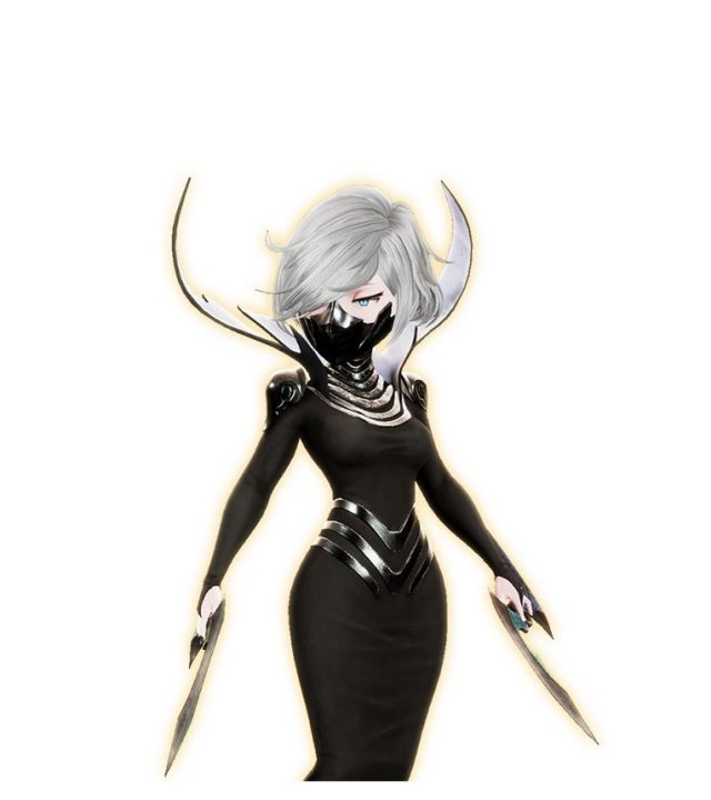 Mora, a silver-haired woman in a black skintight outfit with metal accents and mask.