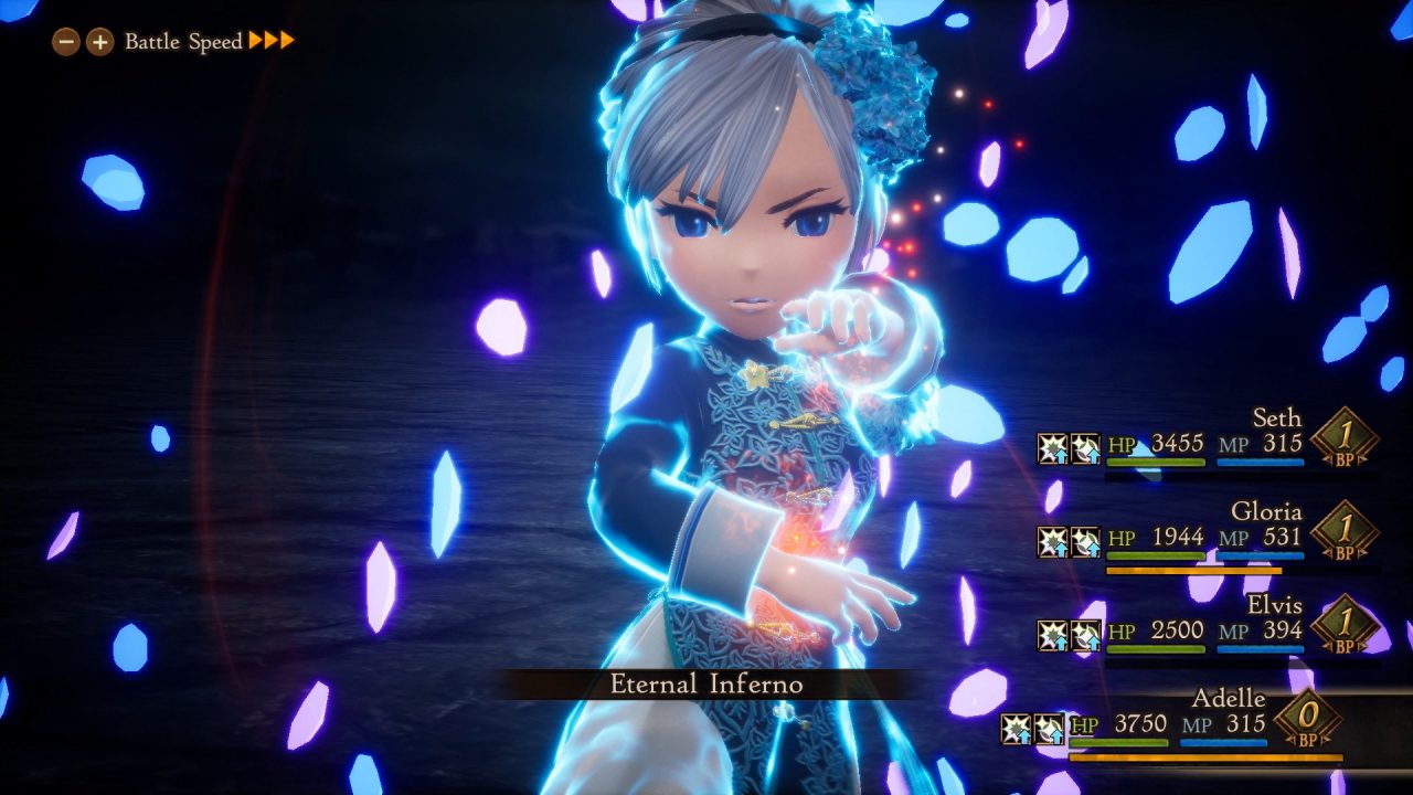 Adelle of Bravely Default II channeling energy in battle, surrounded by glowing motes of light.