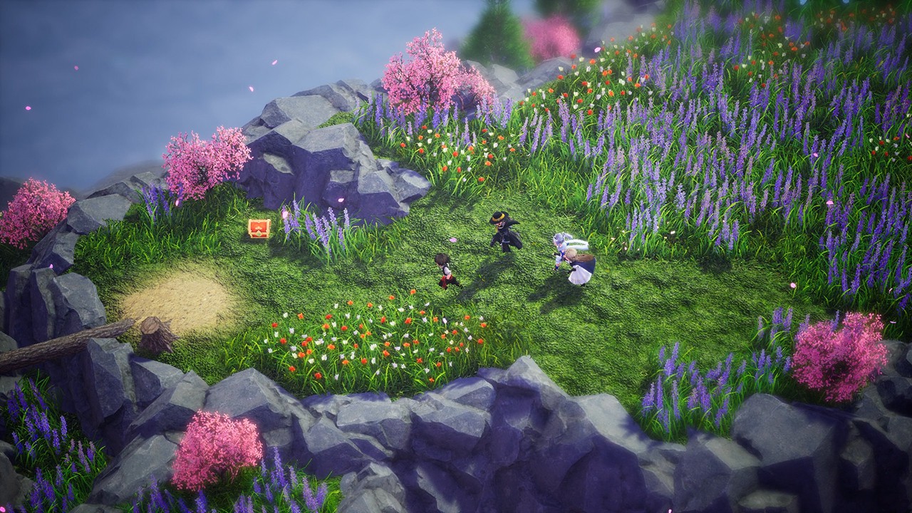 The party runs around a mountain area covered in wildflowers.