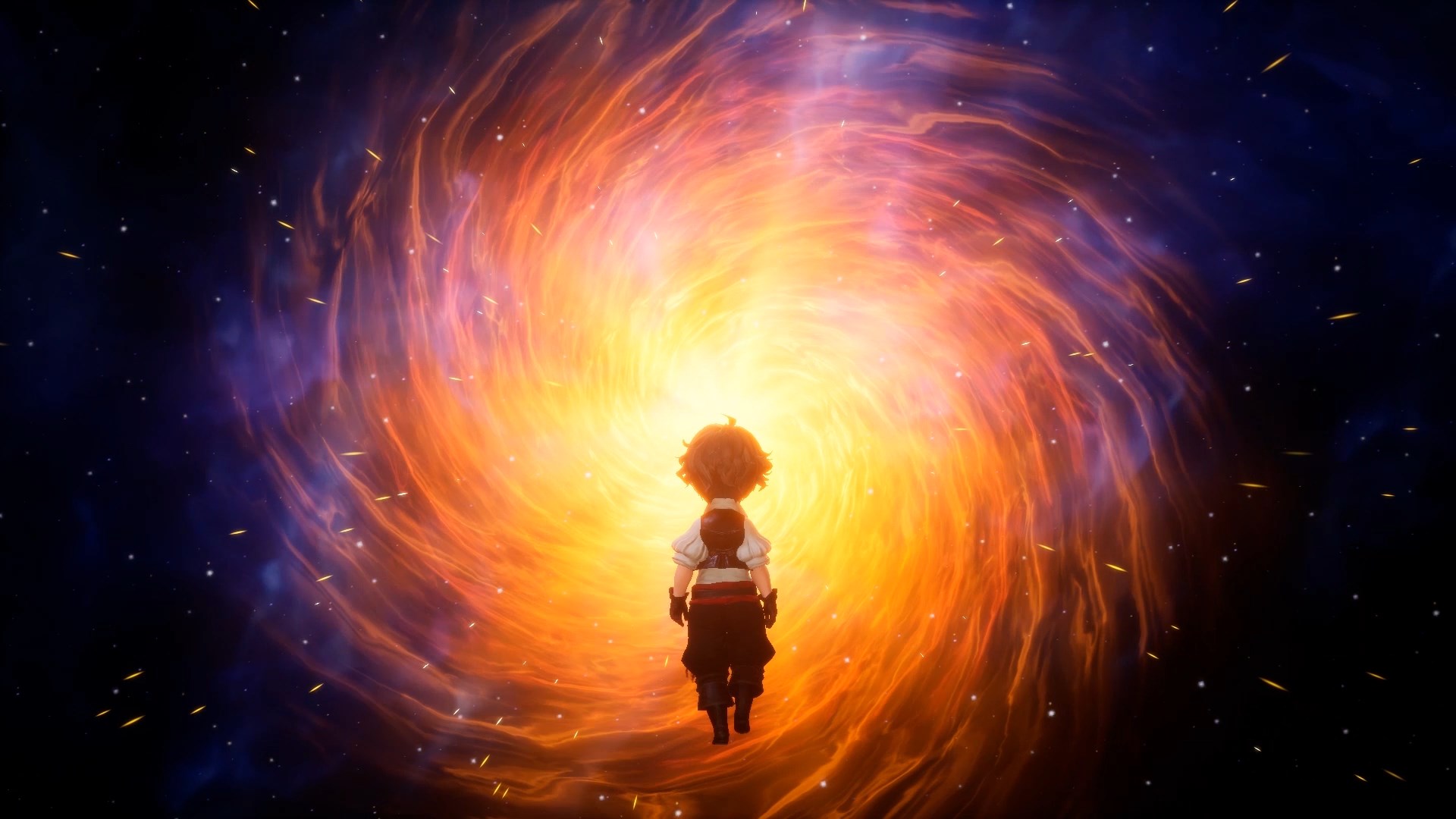 Bravely Default II Screenshot of a character walking into a swirling magical vortex.
