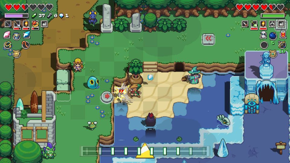 Link and Zelda explore near some water with a wizard enemy and ice temple to the right.