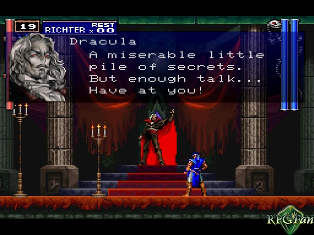 Dracula make a threat in his throne room.
