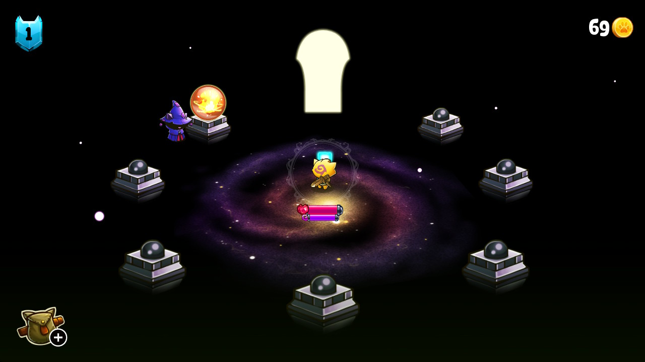 Cat Quest screenshot of the hero in a void-like space dimension with a white door and seven stone platforms arranged in a circle