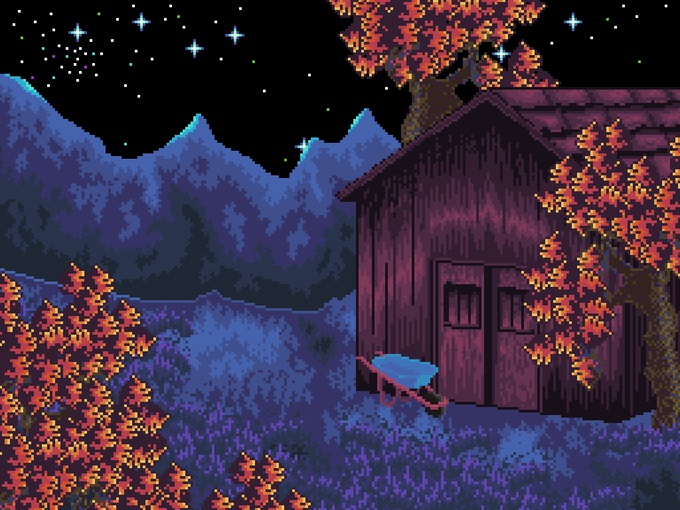 Pixel graphic scene of a cabin at night.