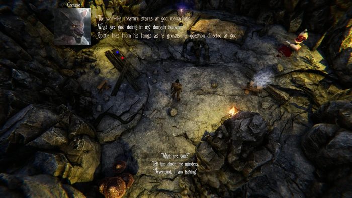 Conversation with a wolf-like humanoid in a cave.