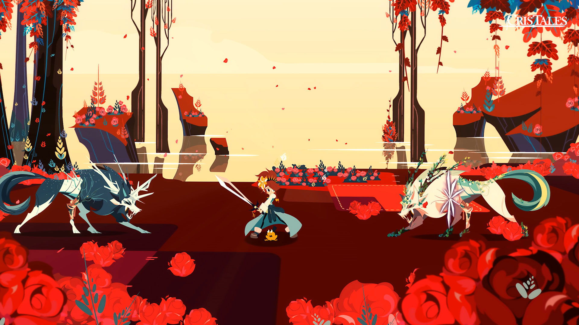 A screenshot of a battle in Cris Tales, where the protagonists fight against a monstrous wolf with white fur entangled with moss and greenery.