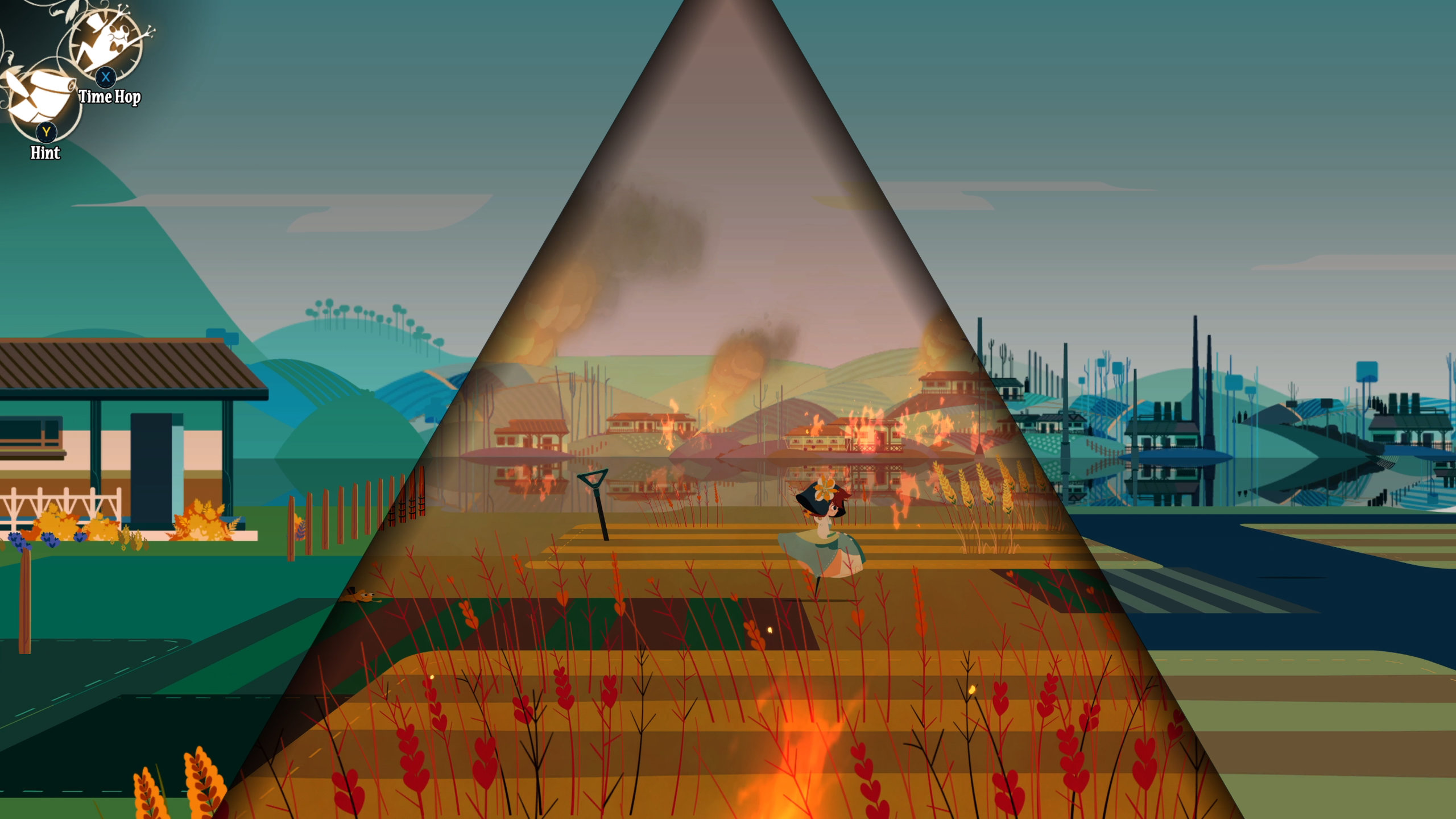 Peering through the past in a triangle-shaped doorway in Cris Tales