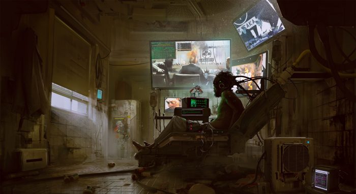 A man with tubes plugged into the back of his head in Cyberpunk 2077