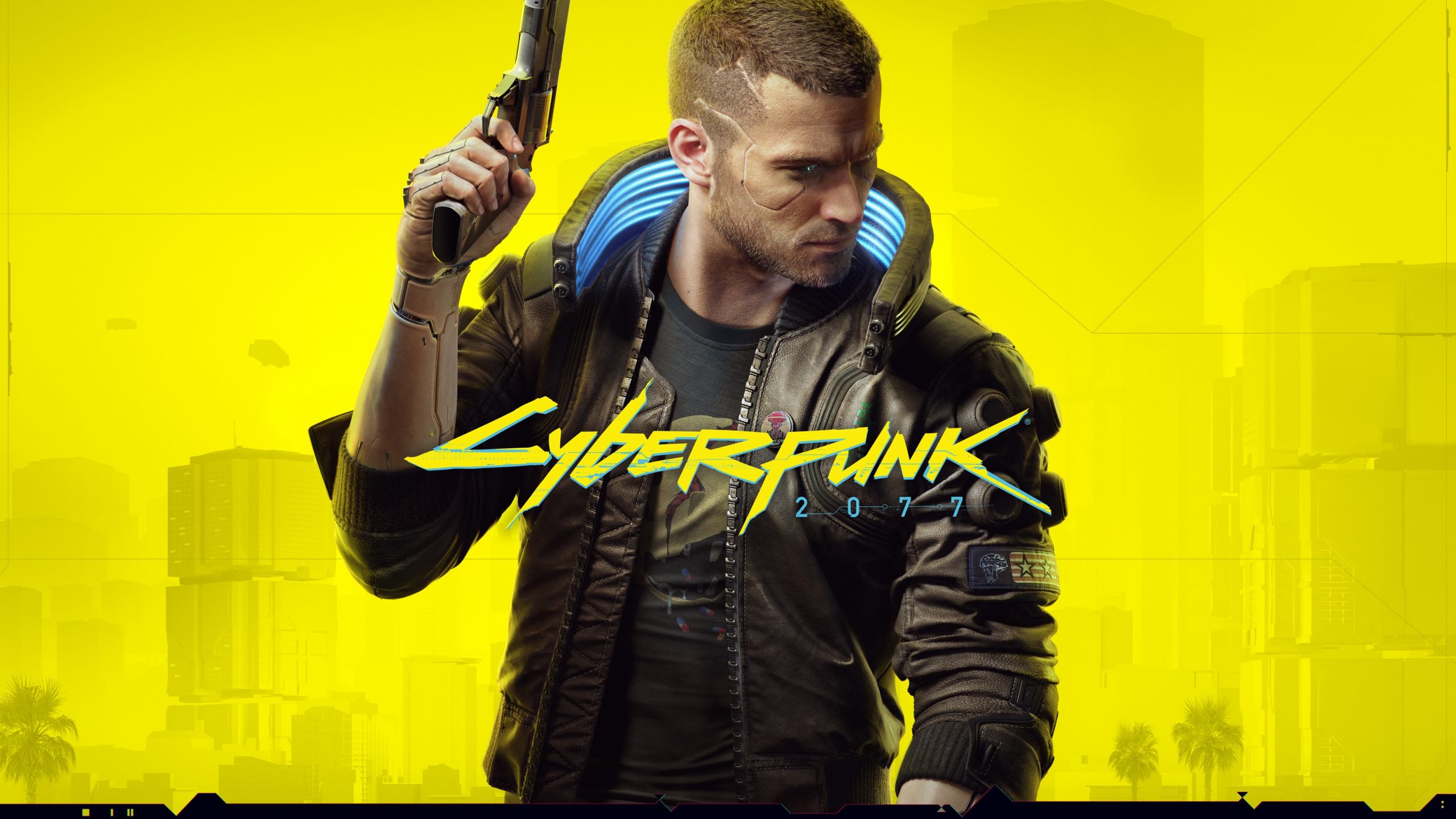 Cyberpunk 2077 logo with a man holding a pistol behind it