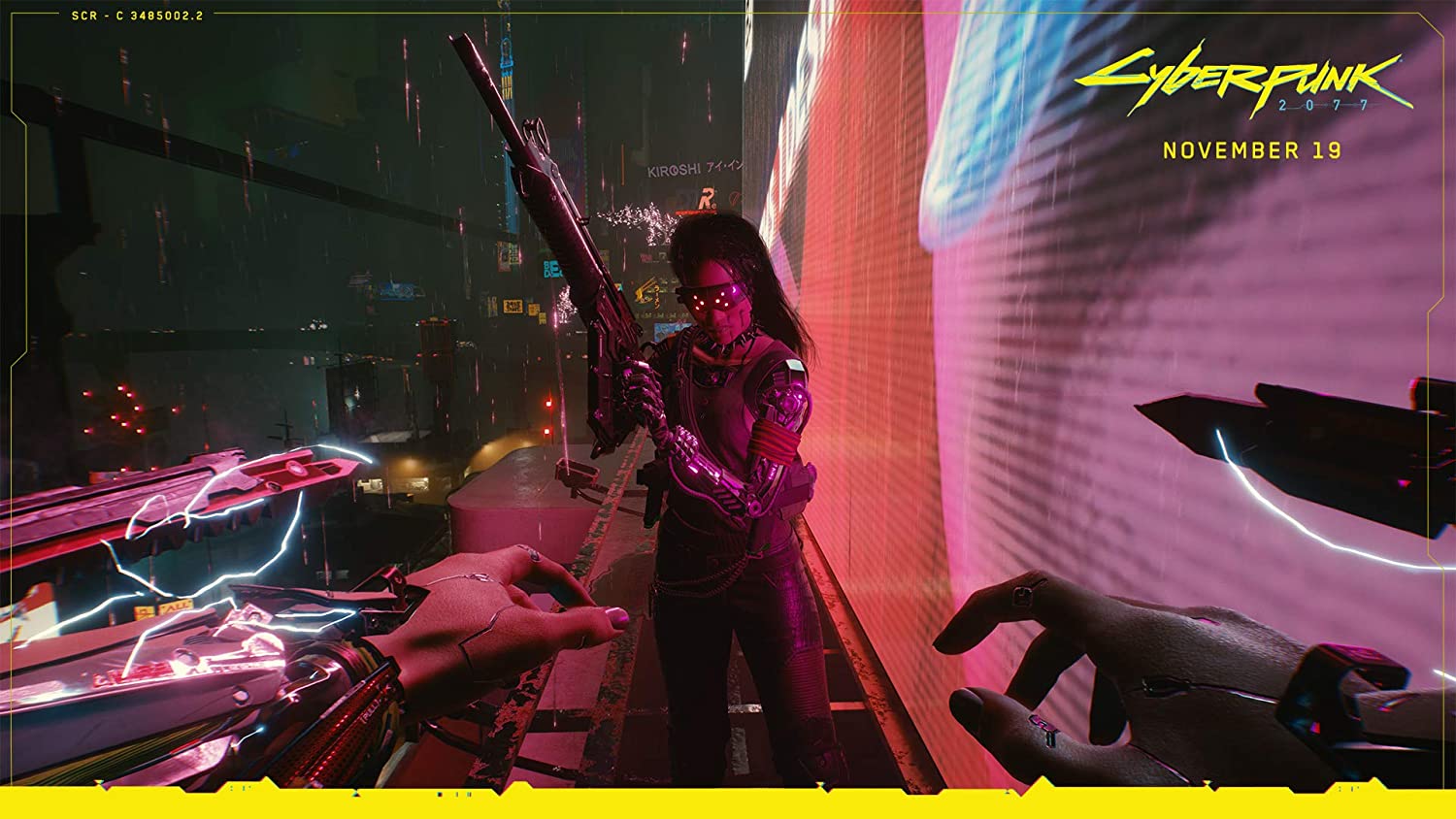 Cyberpunk 2077 screenshot featuring a player character with blades in their arms about to interact with a lady wielding a gun.