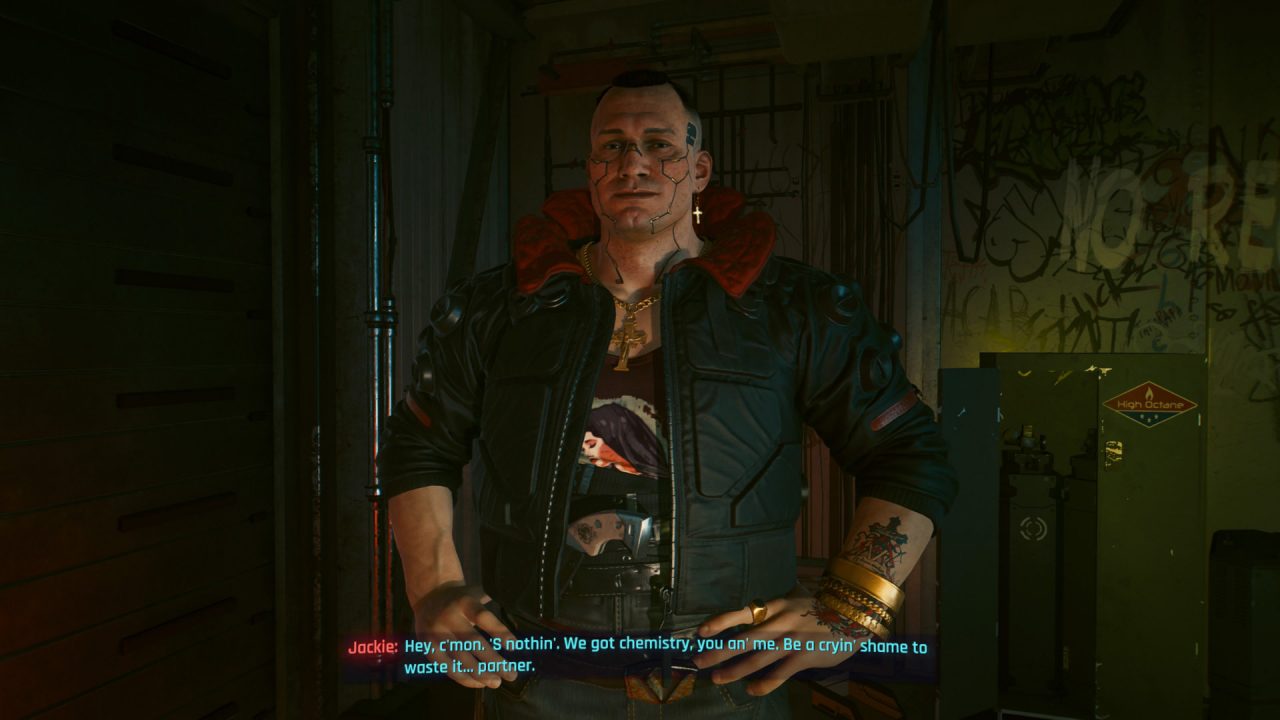 Jackie Welles talking to V in Cyberpunk's prologue.