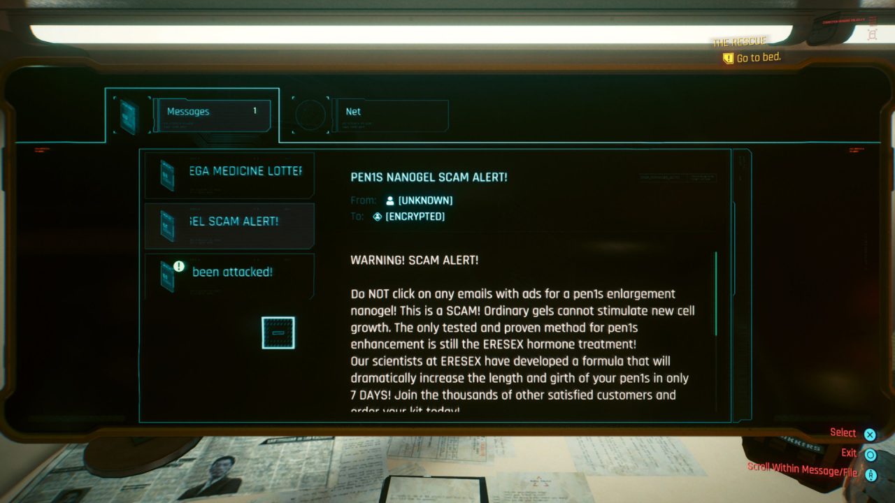 A spam email advertising penis enlargement in Cyberpunk.