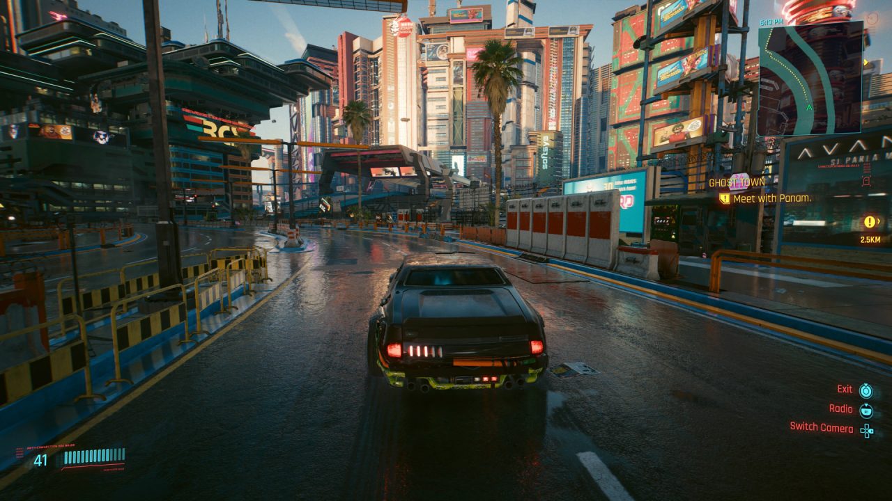 Cruising Night City in Cyberpunk 2077.