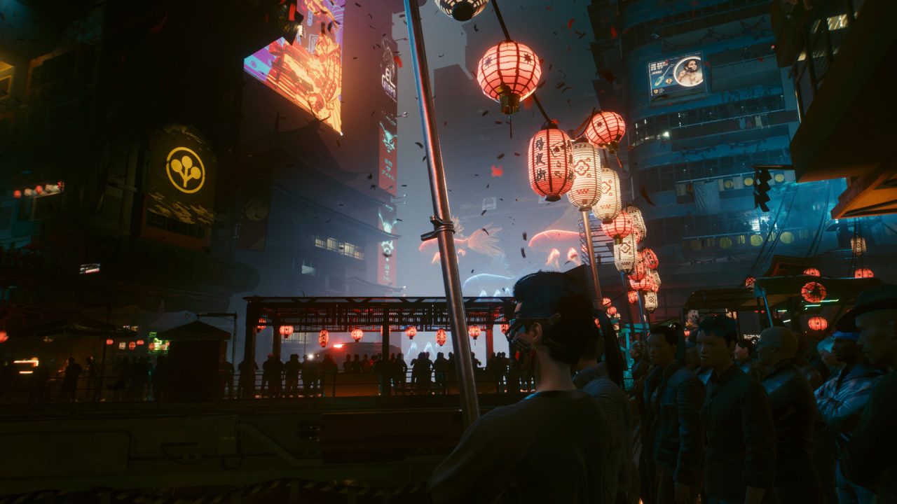 A crowd gathered for a parade in Cyberpunk.