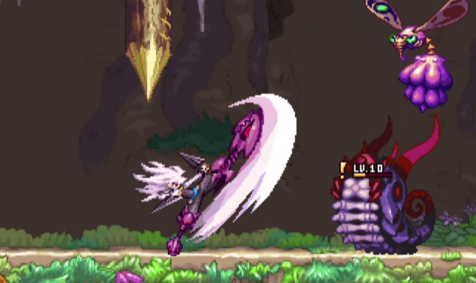 A warrior with flowing white hair and a robot leg kicks a centipede enemy as a moth enemy looks on.