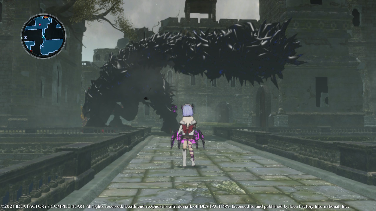 Death end re;Quest screenshot of Shina facing a large monster.