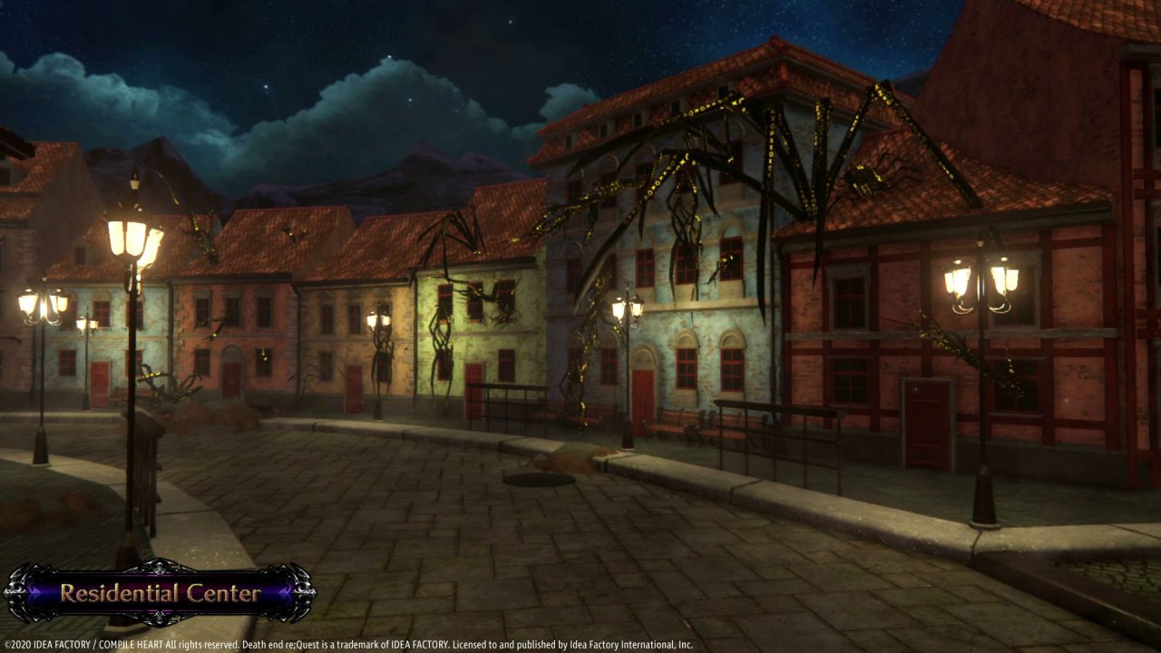 Old-fashioned iron streetlamps line an eerily empty street at night, with dark clouds obscuring the dark sky.