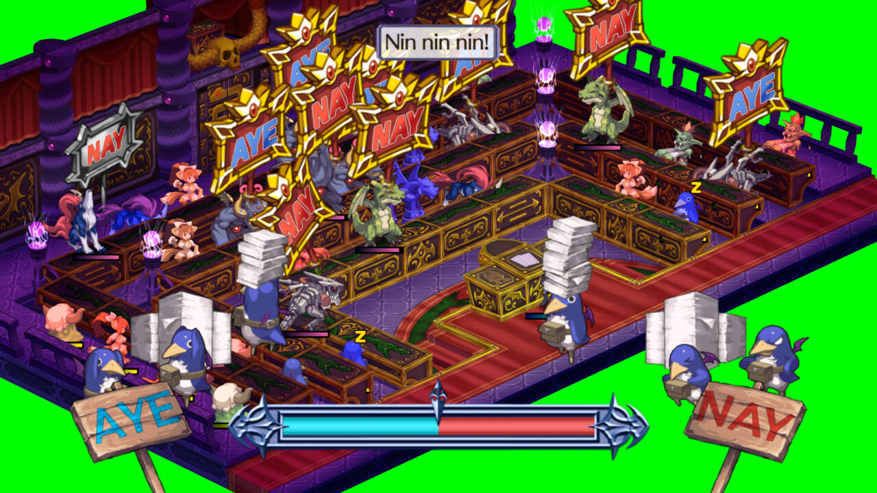 Prinnies carry giant stacks of documents across a courtroom with U-shaped benches. Dragons and other monsters at the benches are voting "aye" and "nay."