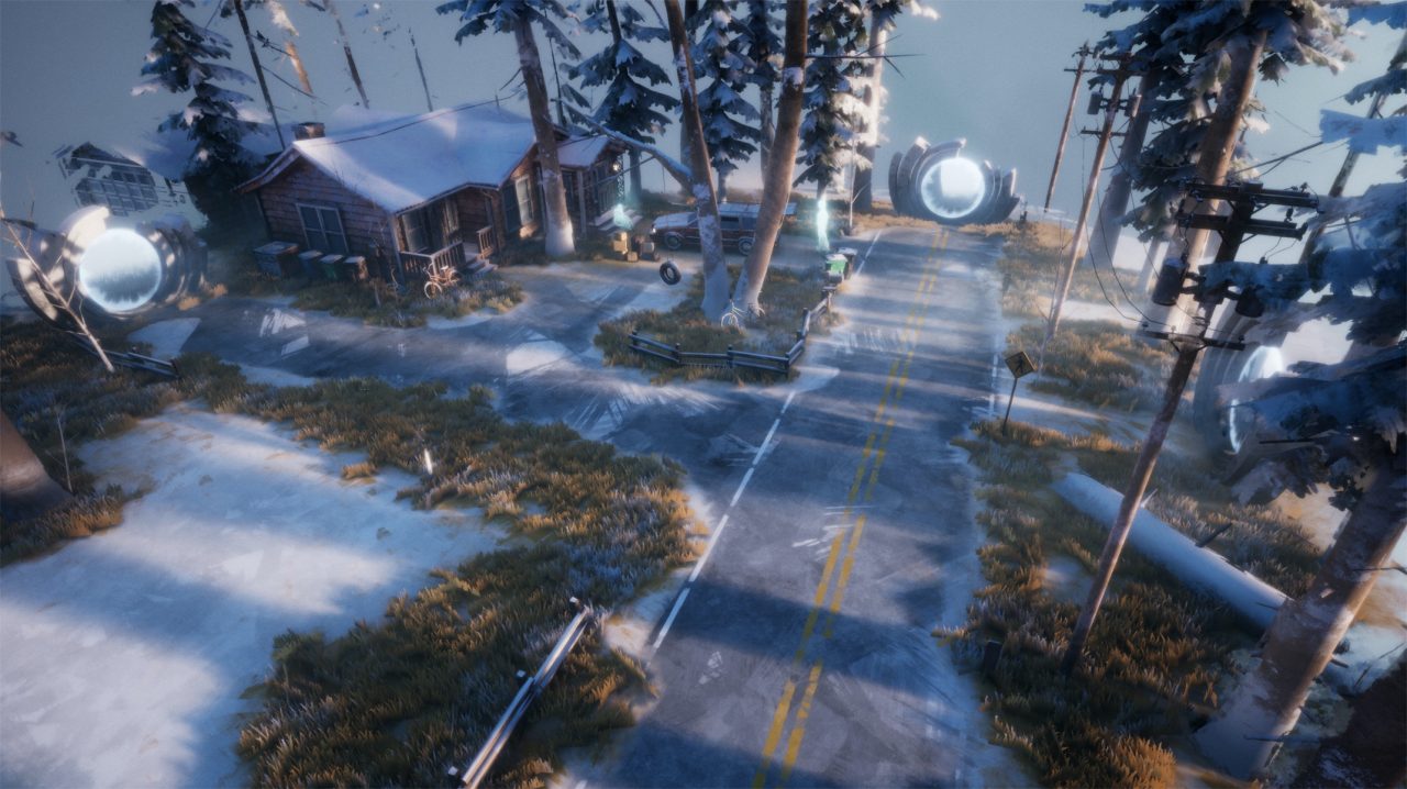 A crossroads in a snowy landscape with two directions blocked by shining orbs. 