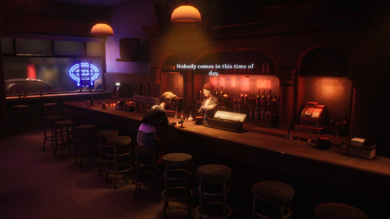 Two characters talk in a bar.