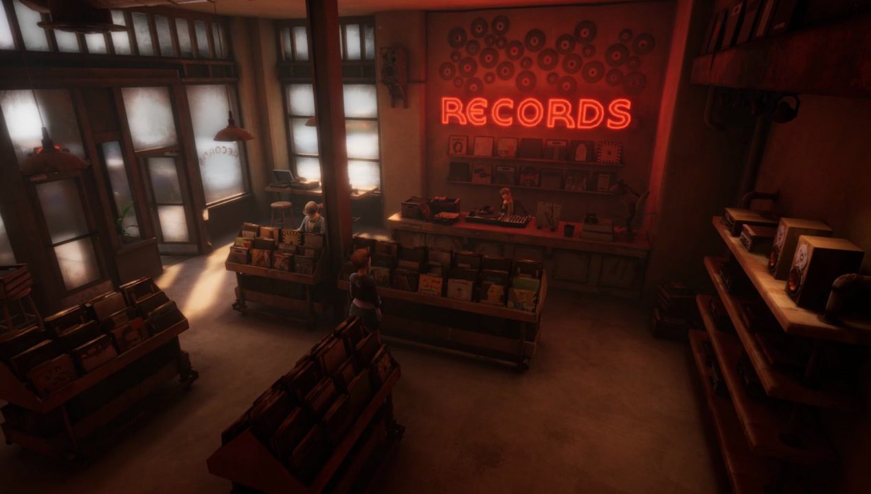 A character visits a record store in Dreamscaper.