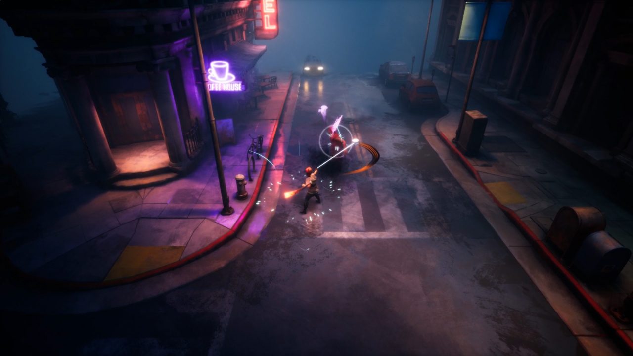 Dreamscaper screenshot featuring our herobattling a snake-like enemy on an empty, dark street lit by a neon pink "Coffeehouse" sign.