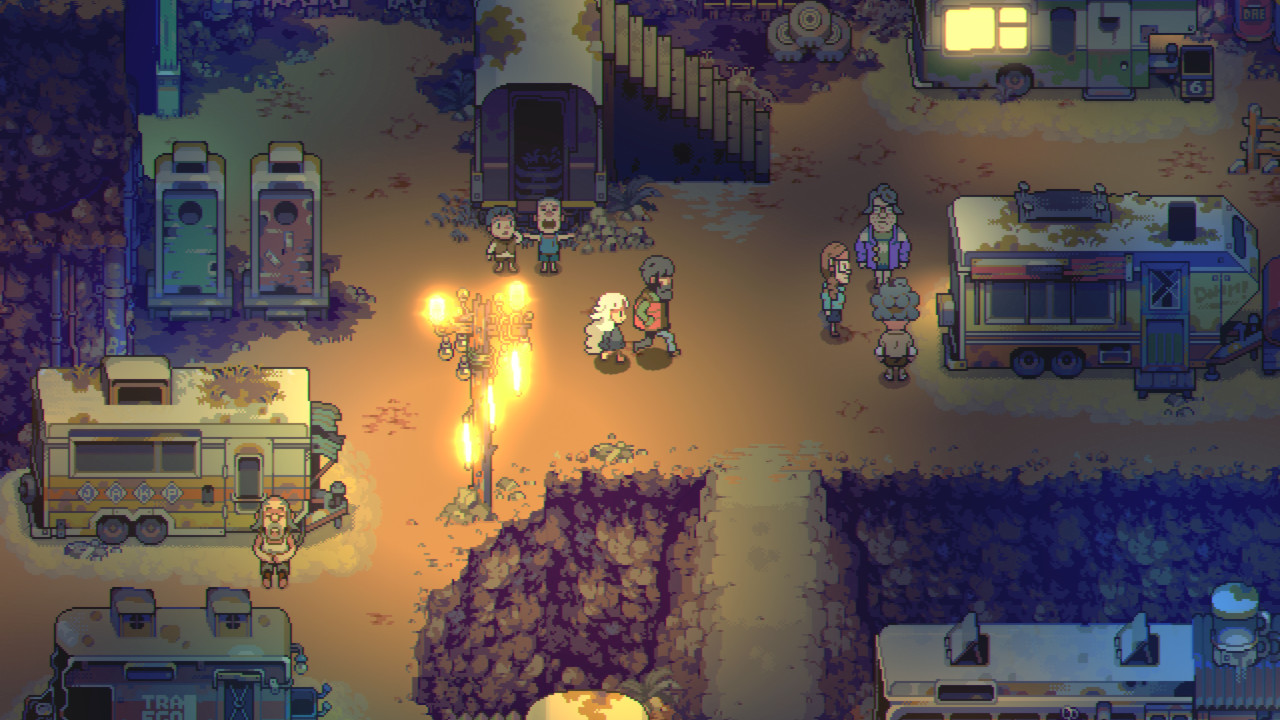 Eastward, a white haired character and a black haired character walk amongst a barren area with cosy lighting, where people live out of vehicles.