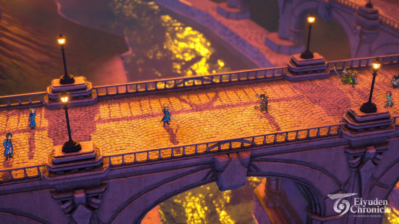 A screenshot of characters walking across a bridge in Eiyuden Chronicle: Hundred Heroes.