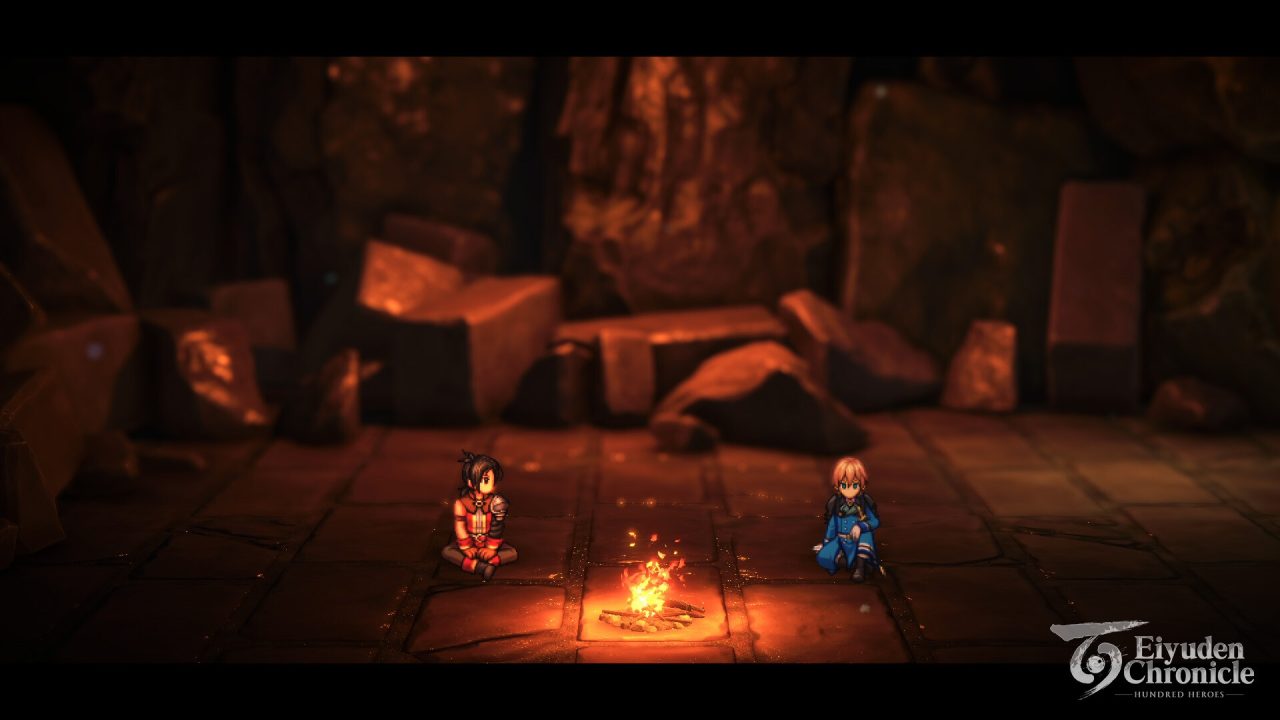 Nowa and Seign have a heart-to-heart conversation by a fire in Eiyuden Chronicle: Hundred Heroes.