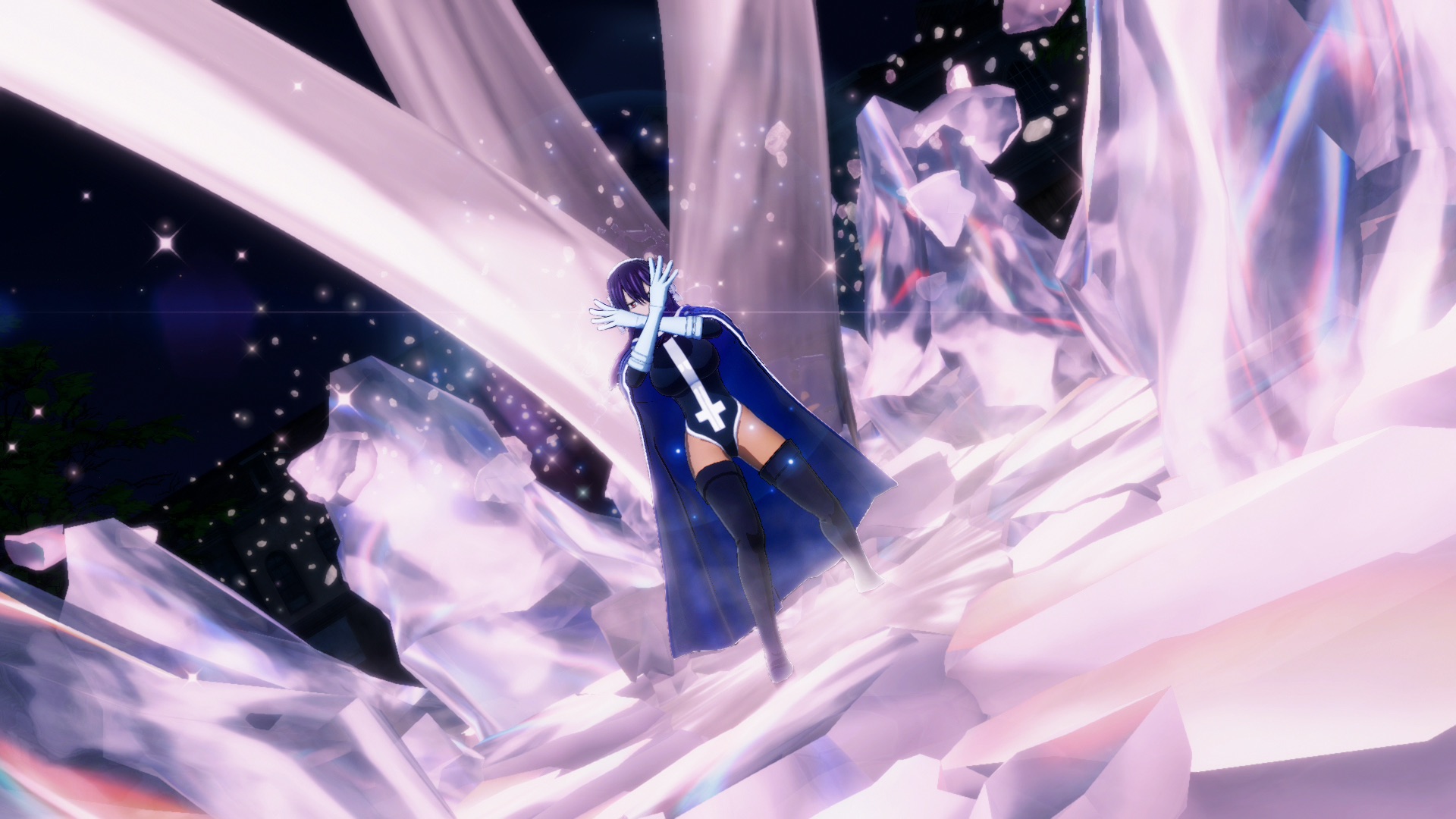 A lady in a black leotard and long black cape crosses her white-gloved arms in front of her as giant glowing crystals grow up around her.