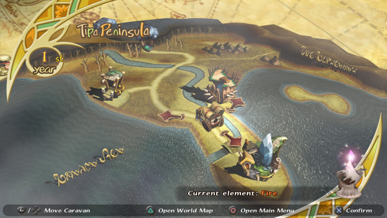 Map screen featuring a peninsula and fancy 3D scaled towns along it.