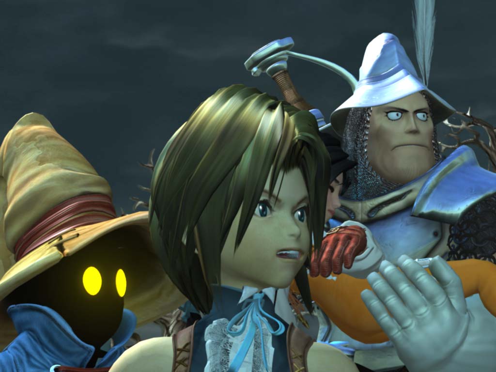 Vivi, Zidane, and Steiner, holding a collapsed Garnet, leaving the Evil Forest in Final Fantasy IX