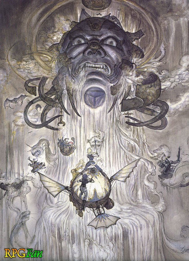 Final Fantasy IX artwork of several characters on floating platforms and airships heading towards a menacing face in the sky.