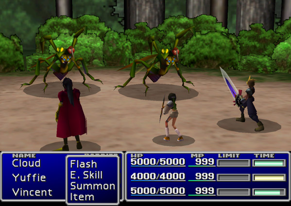 Cloud, Yuffie, and Vincent fighting insect monsters in Final Fantasy VII.