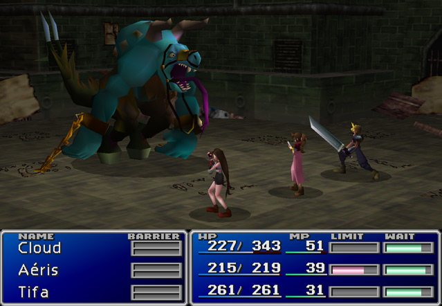 Screenshot of Cloud, Aeris, and Tifa facing off against a sewer boss