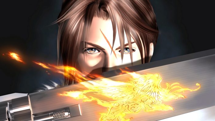 Final Fantasy VIII Remastered artwork of Squall holding up his gunblade with a flaming lion emblem