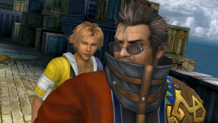 A screenshot of Auron and Tidus in Final Fantasy X