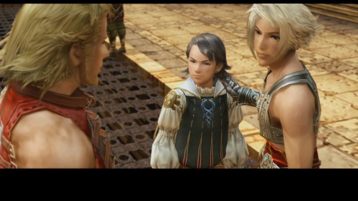 Final Fantasy XII The Zodiac Age Screenshot of Vaan, Basch, and Larsa looking at one another.