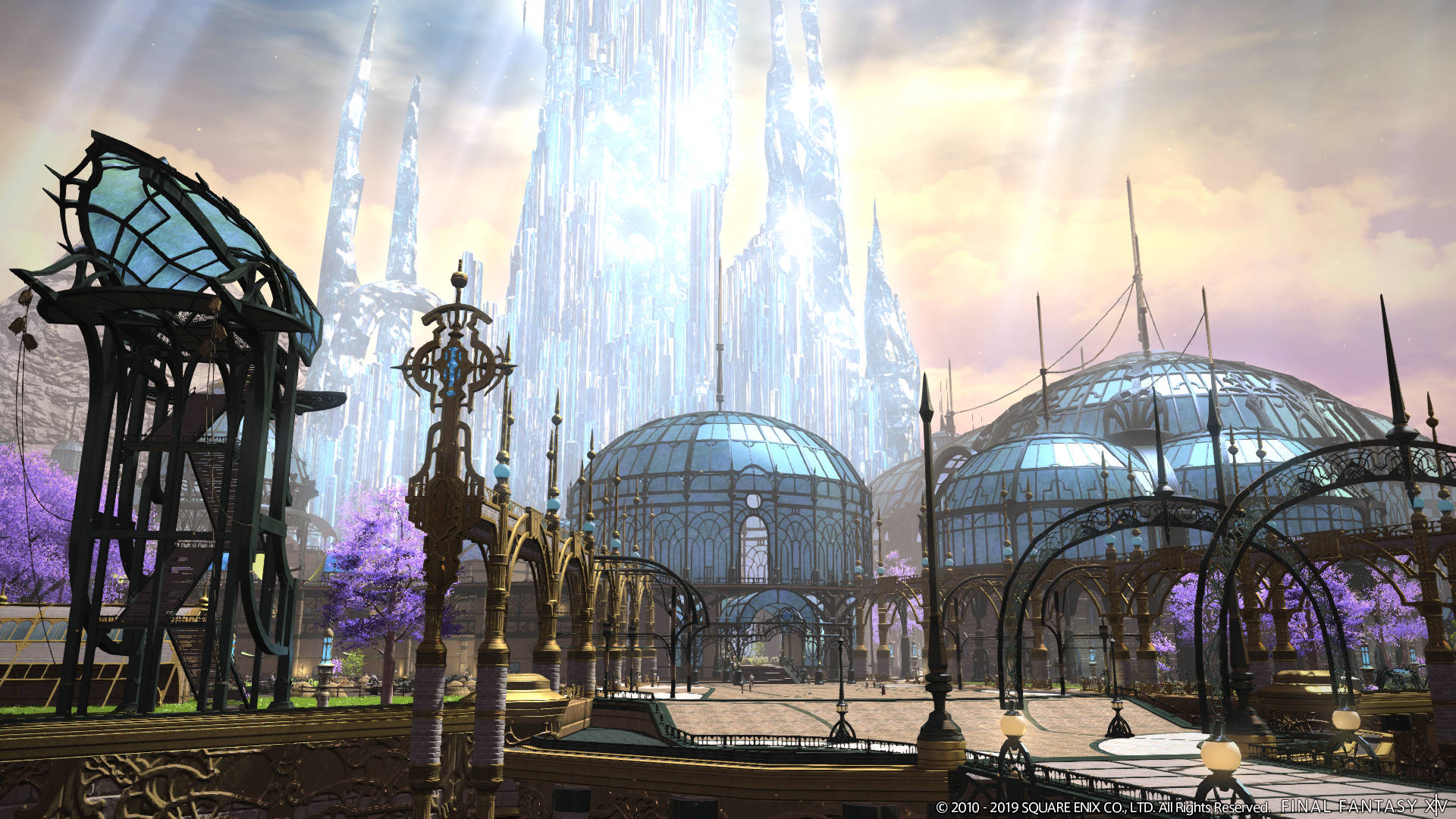 An open city of stonework, iron, and blue glass domes at the base of a crystal tower.