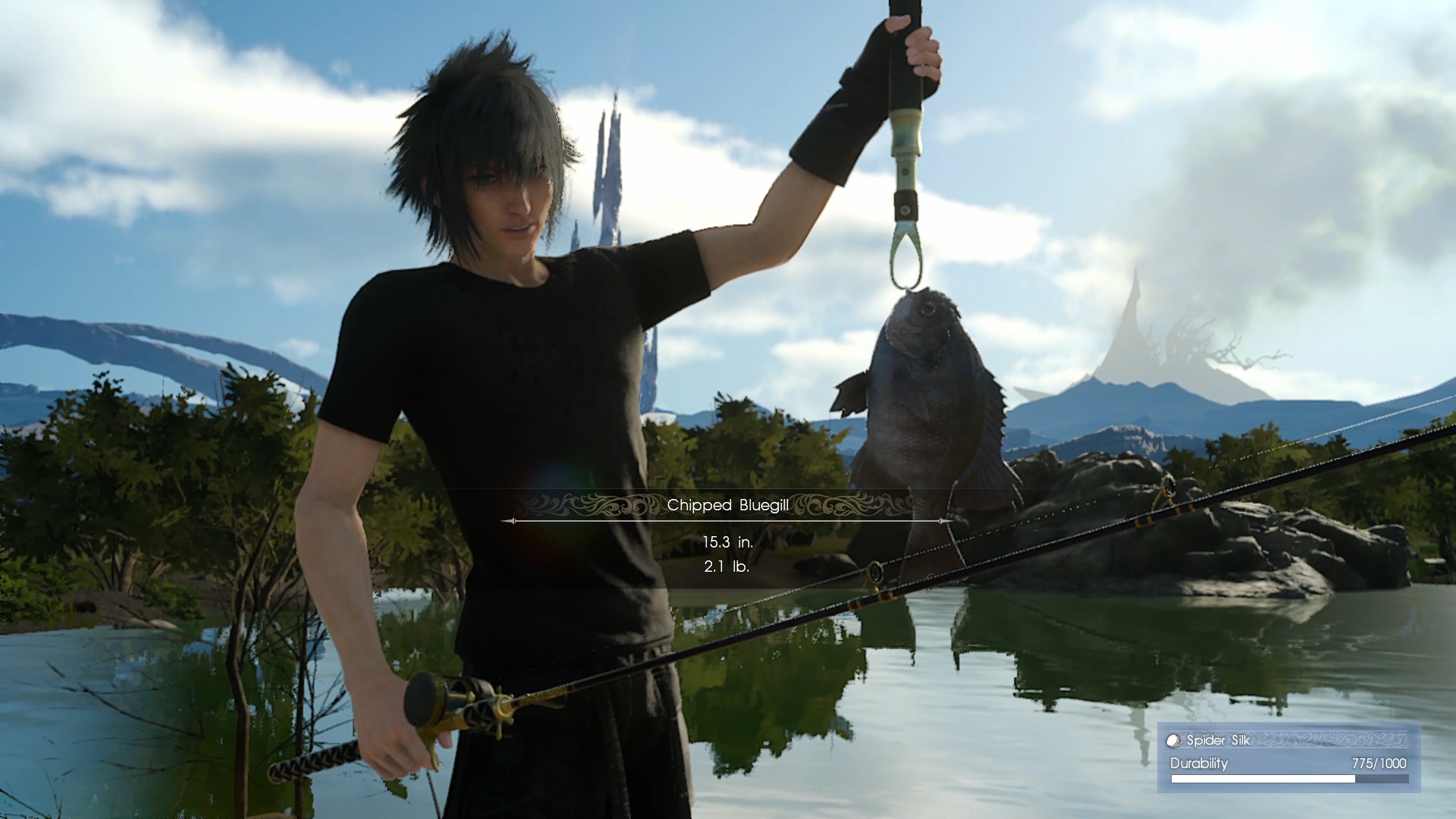 Final Fantasy XV Screenshot of Noctis showing off his 15.3 inch, 2.1 lb Chipped Bluegill.