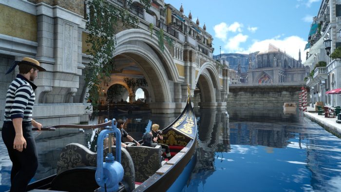 The party rides in a gondola through Altissia's canals.