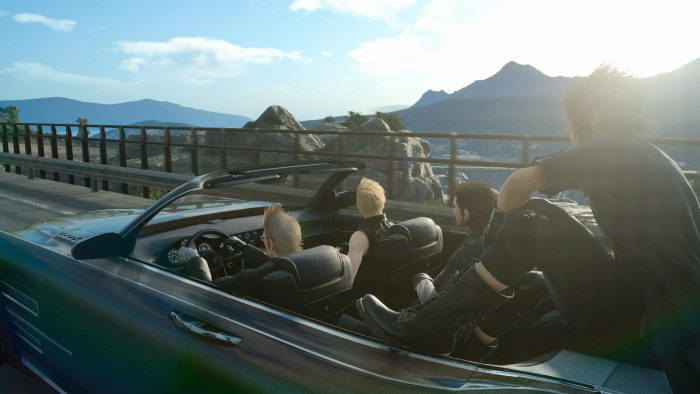 Noctis, Ignis, Prompto, and Gladiolus driving the Regalia through Duscae.