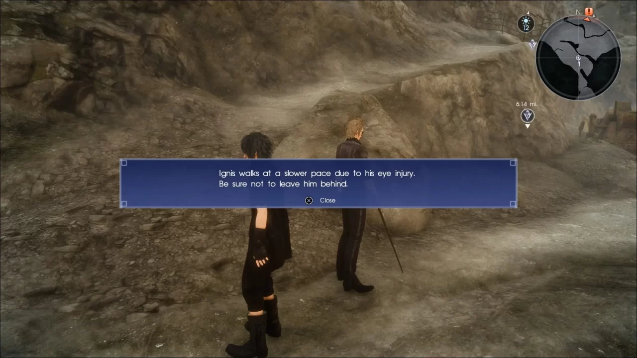 An image from Chapter 10 where the player is given a prompt not to leave Ignis behind as he is slowed from his recent blindness.