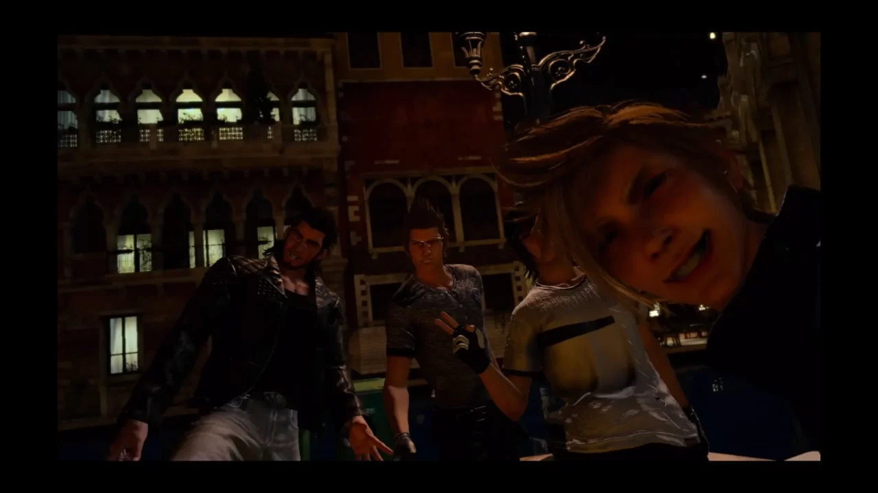 A group selfie from Prompto taken during a fun night in Altissia.