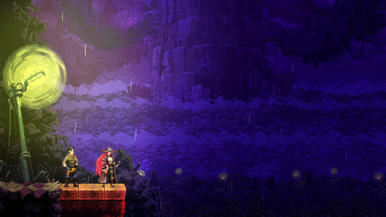 Aletheia and another character looking out at a dark forested landscape illuminated by a single street light.